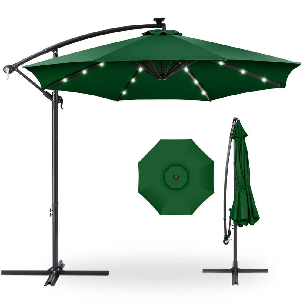 10ft Green Polyester Market Patio Umbrella with Adjustable Tilt and LED Lights