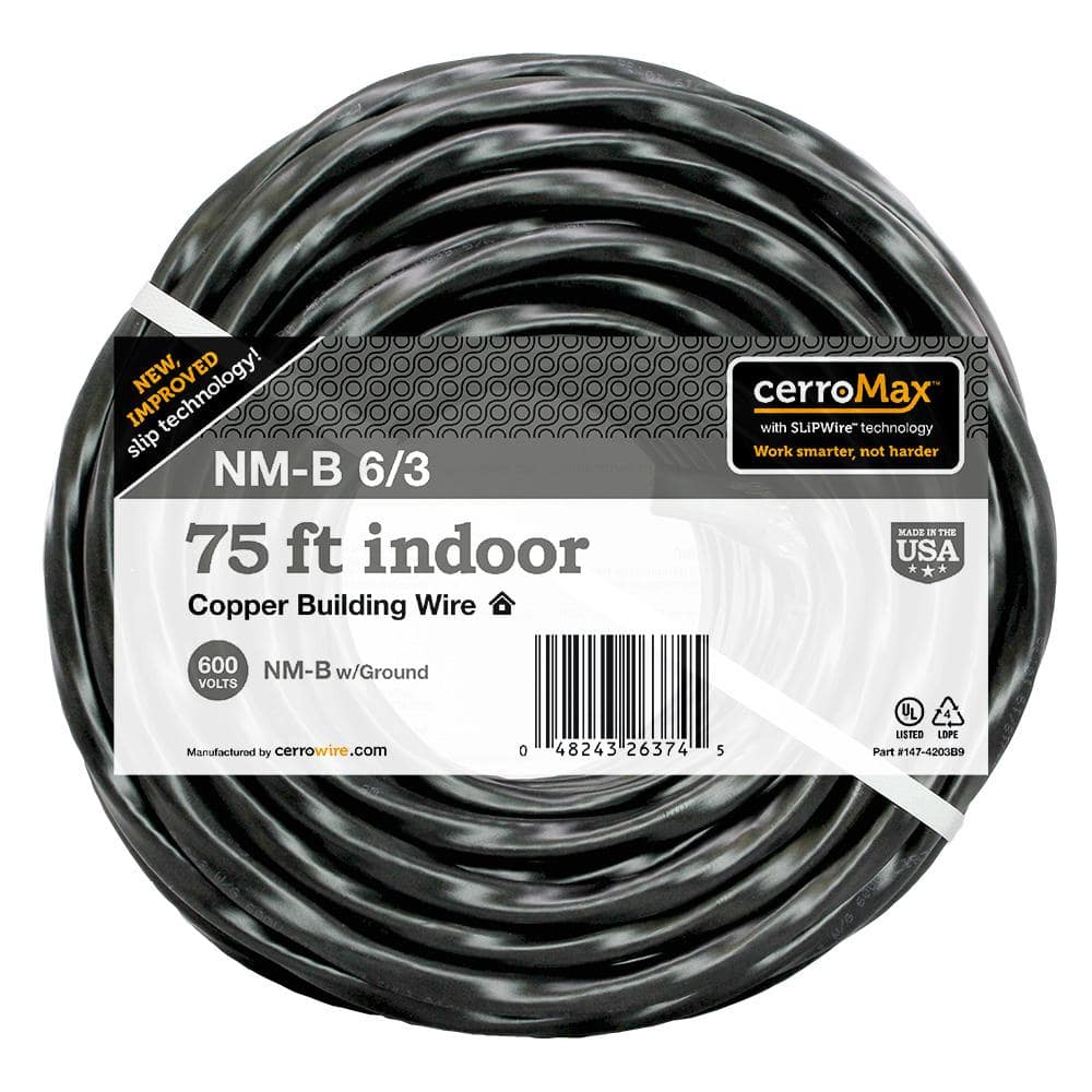 Cerrowire 75 ft. 6/3 Black Stranded CerroMax SLiPWire CU NM-B W/G Wire