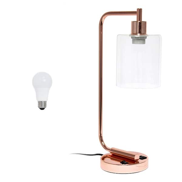 Vintage Vantage 18.8 in. Minimalist Industrial Curved Arm Desk Lamp with USB Ports, LED Bulb Included, Rose Gold