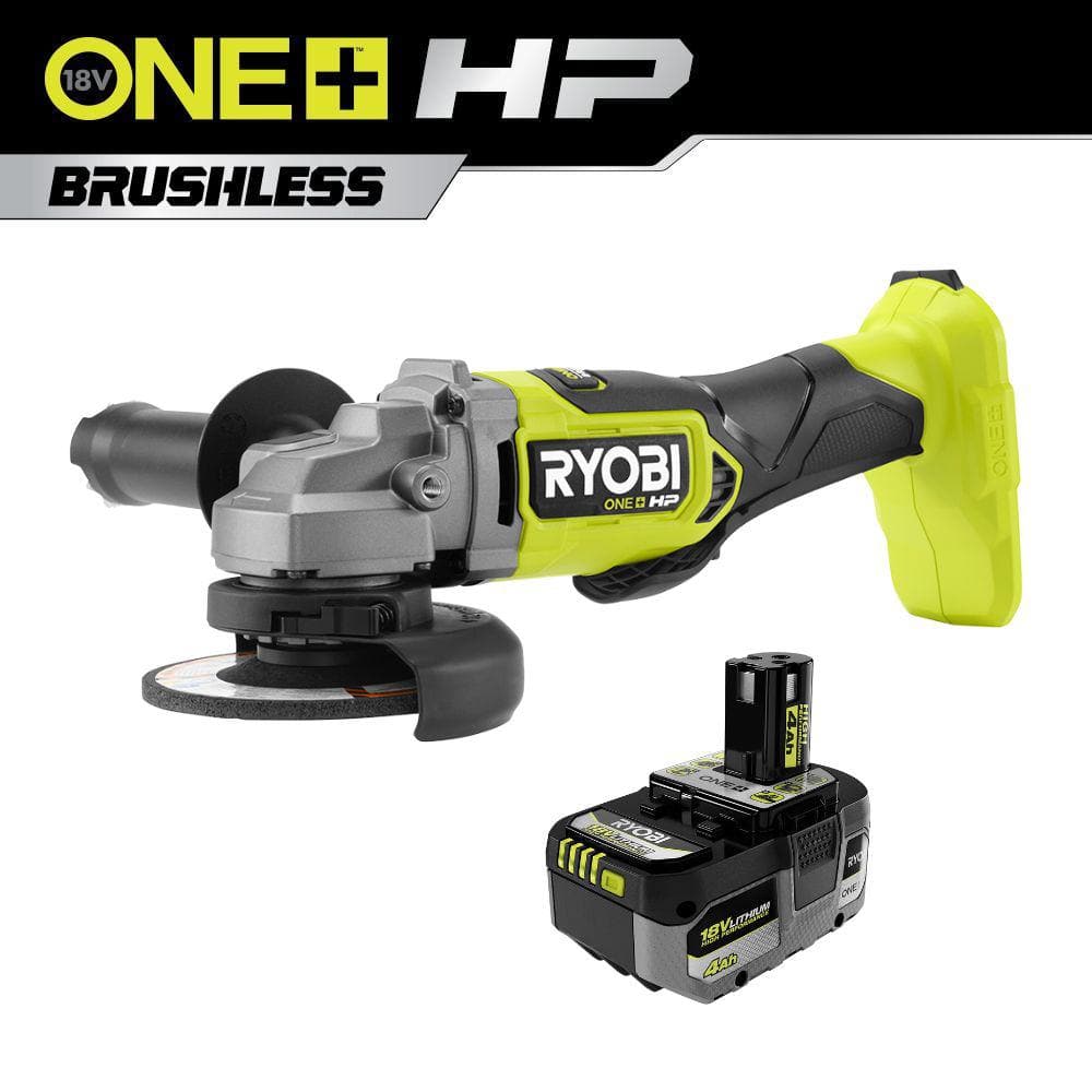 ONE+ HP 18V Brushless Cordless 4-1/2 in. Angle Grinder with 4.0 Ah Lithium-Ion HIGH PERFORMANCE Battery -  RYOBI, PBLAG01PBP004