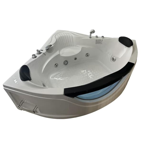 59 in. x 59 in. 2-Person Corner Acrylic Flatbottom Freestanding Whirlpool Bathtub in White with Faucets