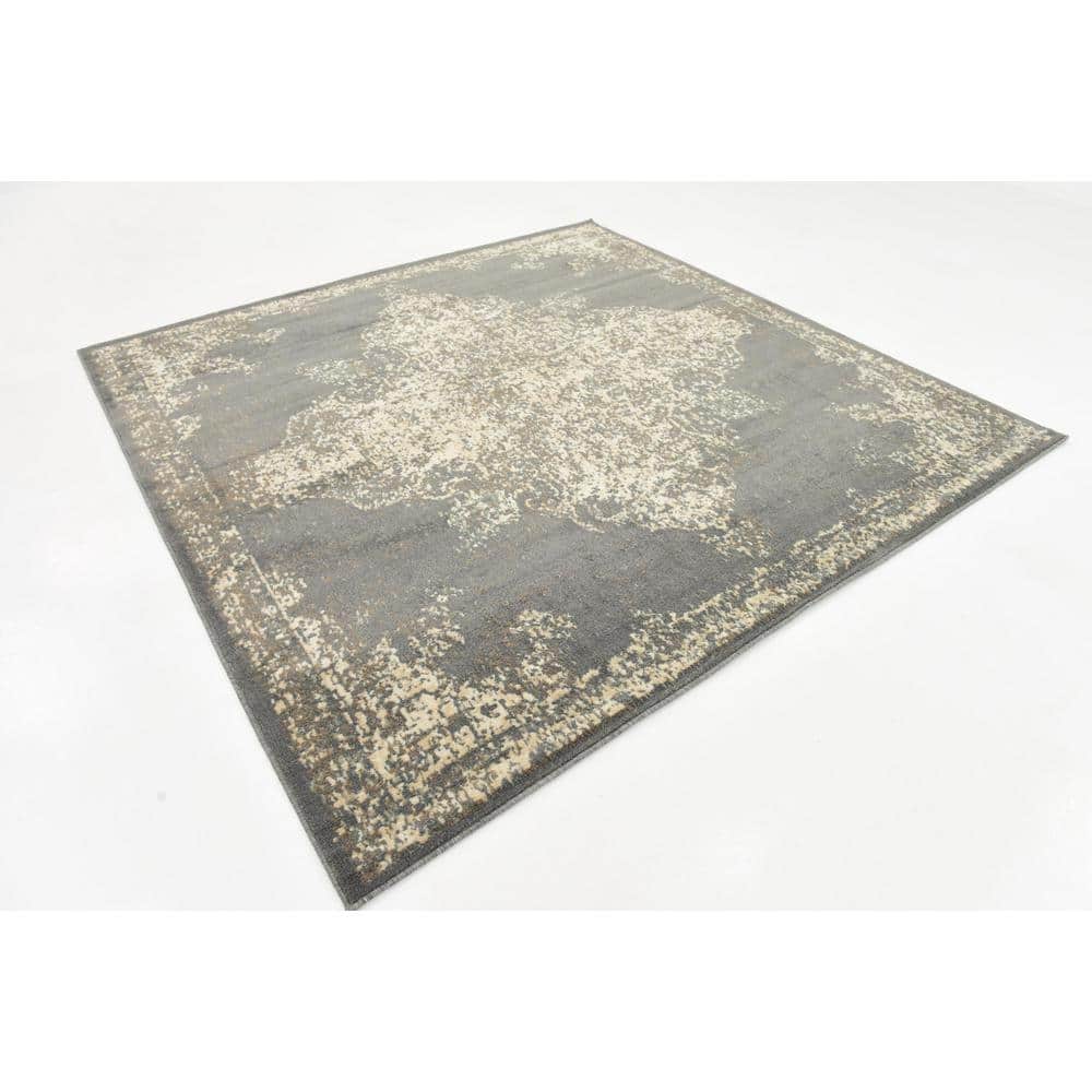Gray Abstract Square Stain-Resistant Synthetic Rug, 8' x 8'