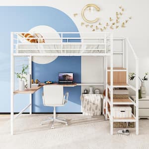 White Full Size Metal Loft Bed with Built-in Desk, Metal Grid, Wardrobe and Lateral Storage Staircase