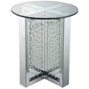 Silver Round Mirrored Metal End Table with Glass Top and Crystal Accent Base