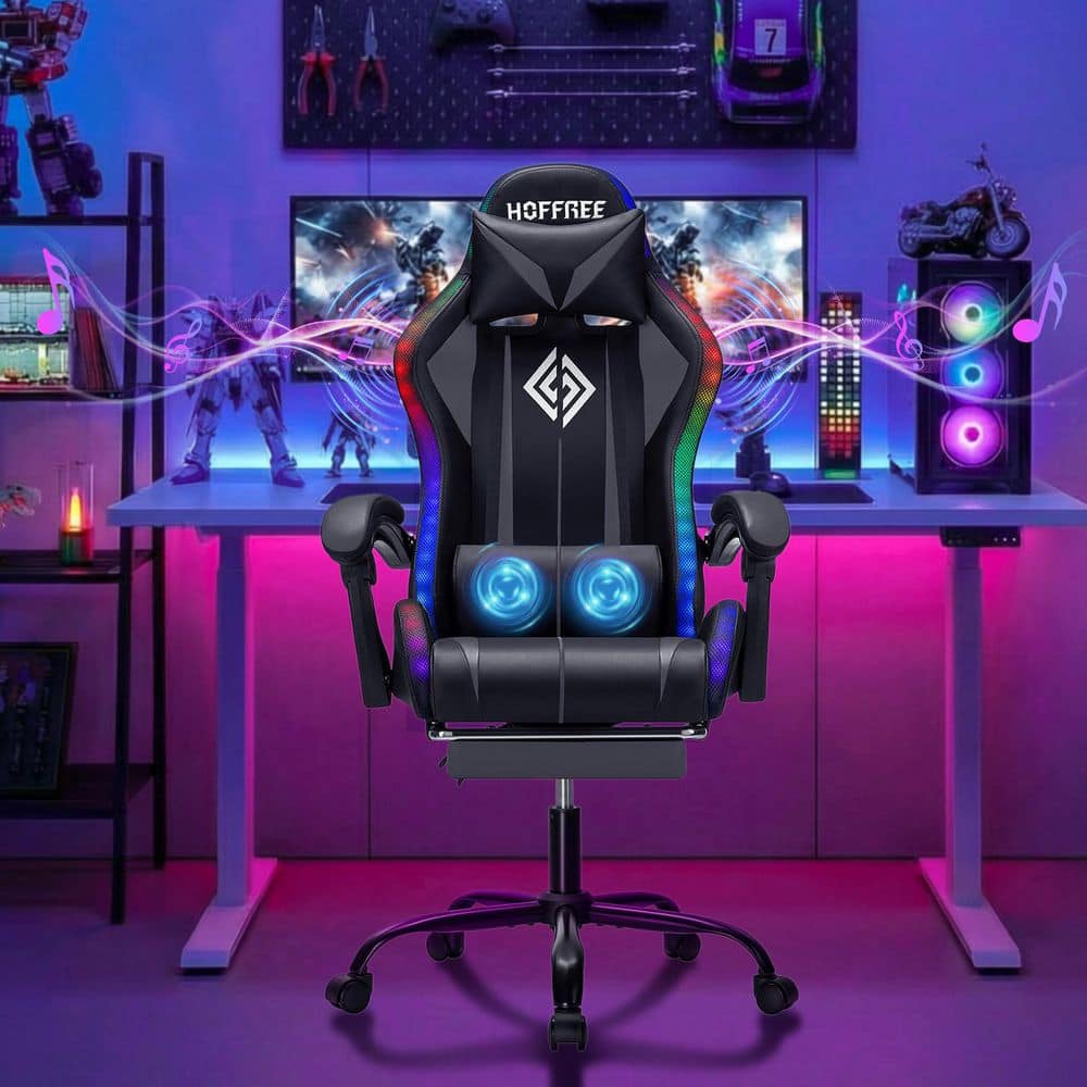 LED Faux Leather Massage Gaming Chair with Bluetooth Speakers in Black and Gray with Footrest Headrest Lumbar Support price history on PriceWatchPro