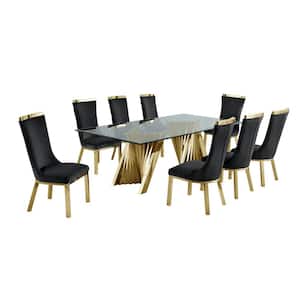 Becky 9-Piece Rectangular Glass Top with Gold Stainless Steel Base Table Set with 8-Black Velvet Side Chairs