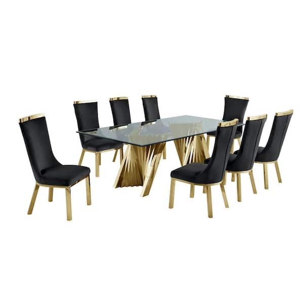 Best Quality Furniture Becky 9-Piece Rectangular Glass Top with Gold Stainless Steel Base Table Set with 8-Black Velvet Side Chairs