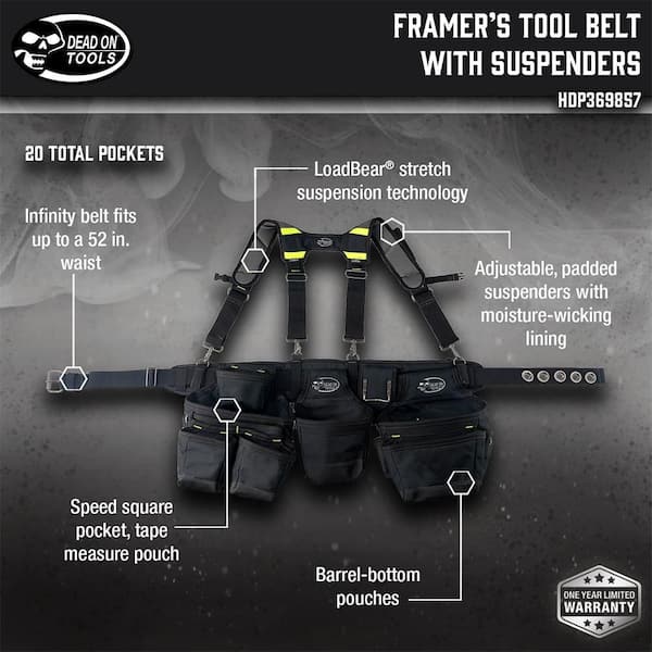 Professional Framers Work Tool Belt Tool Storage Suspension Rig with LoadBear Suspenders and 3 Tool Pouches in Black