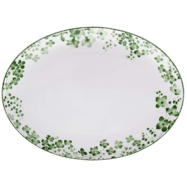 Bloomington Road 14 in. (White and Green) Porcelain Oval Platter