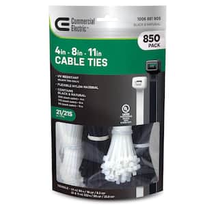 4 in., 8 in., 11 in., Standard UL 21S Rated UV Resistant Cable Zip Ties 850 Combo Pack UV (Black) Natural (White)
