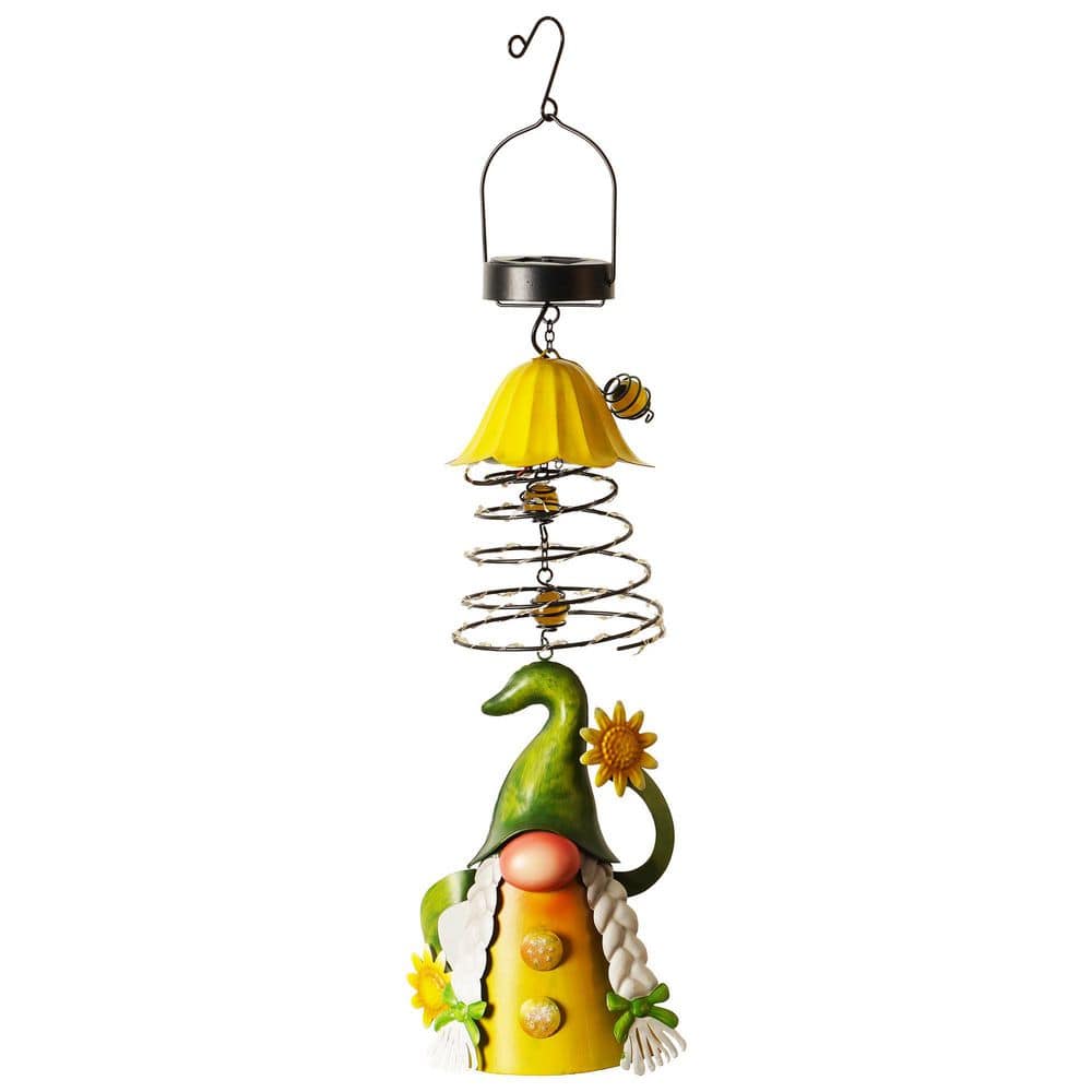 G128 Decor Metal Solar Green Hat Garden Gnome Wind Chime OD