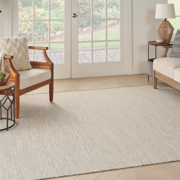 Courtyard Ivory/Silver 8 ft. x 8 ft. Square Solid Geometric Contemporary Indoor/Outdoor Area Rug