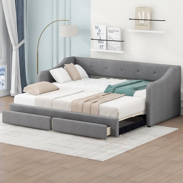 Gray Twin XL Size Upholstered Daybed with 2 Storage Drawers