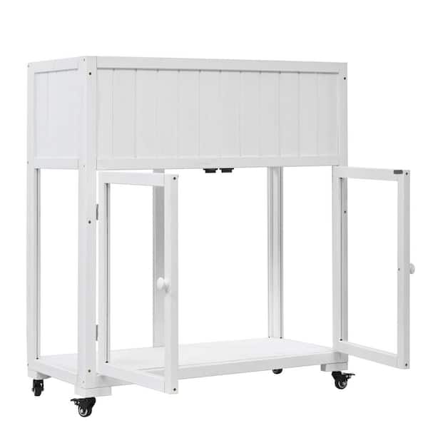 35.4 in. W x 17.7 in. D Mini Fir Wood Portable Greenhouse, Mobile Cold Frame w/Polycarbonate Doors and Raised Bed, White