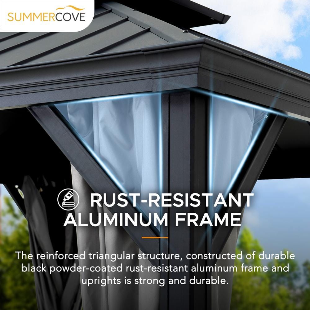Sunjoy 10 ft. x 10 ft. Black Aluminum Frame Gazebo with Gray Curtains