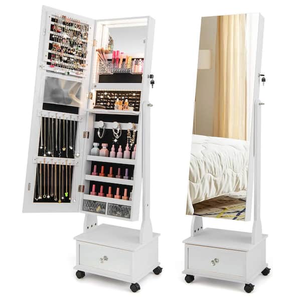 Costway 16.5 in. x 14 in. x 62.5 in. White Wood Jewelry Cabinet Armoire Full-Length Mirror Lockable with 3-Color LED Lights