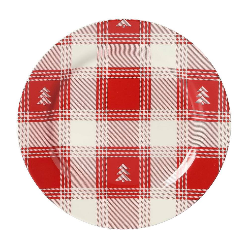 Red and White Plaid Ceramic Holiday Dinnerware Set, Service for 4