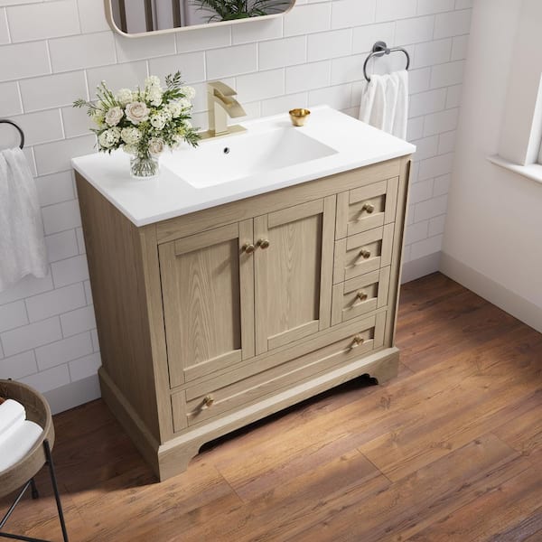 Modern 36 in. Solid Wood Single Sink Freestanding Oak Bath Vanity with White Ceramic Top