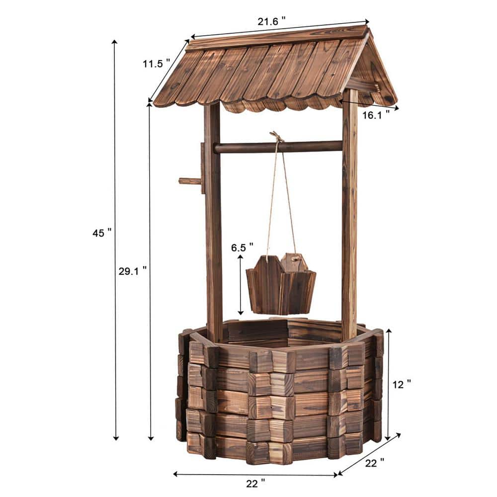 Rustic Fir Wood Outdoor Wishing Well Planter with Bucket