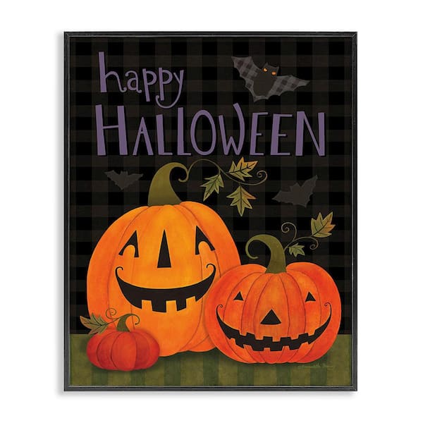 Stupell Industries Pumpkins and Bat on Plaid by Bernadette Deming 1-Piece Framed Graphic Print Typography Poster Art Print 14 in. x 11 in.
