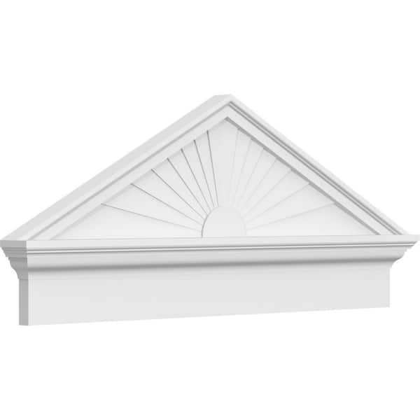 Ekena Millwork 40 in. W x 16-7/8 in. H x 2-3/4 in. P Pitch 6/12 Peaked Cap Sunburst Signature Urethane Combination Pediment, Primed Tan