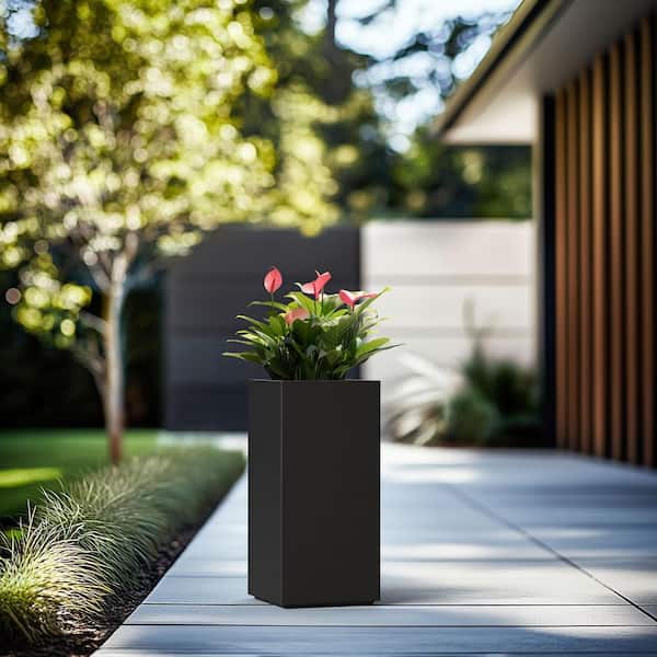 11.5 in. W x 24 in. H Charcoal Black Large Tall Round Concrete Planter / Garden Plant Pot for Indoor and Outdoor