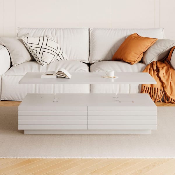 Angel Sar 47.2 in. White Rectangle MDF Coffee Table with LED Lights and 2 Drawers