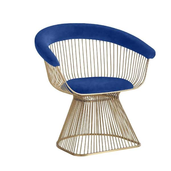 Benjara Modern Blue and Brass Fabric and Metal Curved Slatted Back Dining Chair