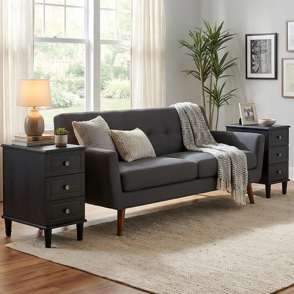 Fnova 25 in. H Solid Wood Black Rectangle End Table with 3 Drawers