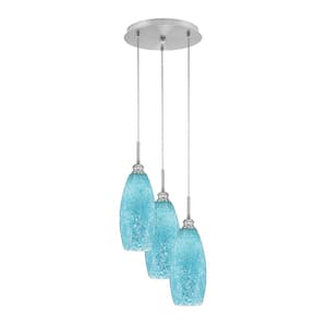 Savannah 11.5 in. 3-Light Brushed Nickel Cord Pendant Light Turquoise Fusion Glass Shade