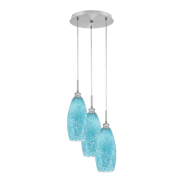 Unbranded Savannah 11.5 in. 3-Light Brushed Nickel Cord Pendant Light Turquoise Fusion Glass Shade