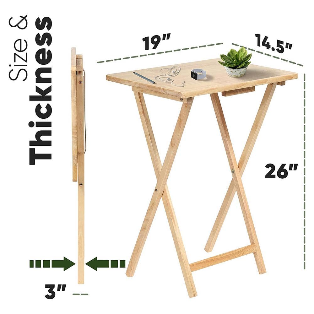 Natural Solid Wood Folding TV Tray Table Set with Storage Rack, 10-Piece