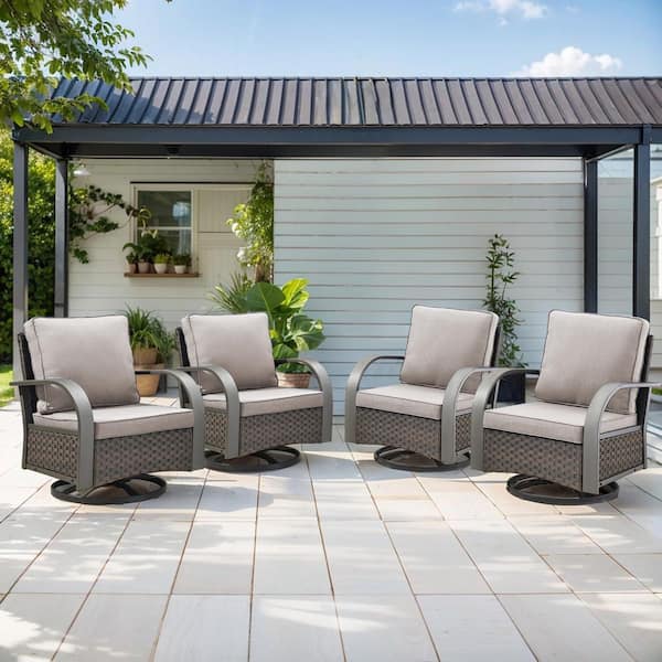 ArcMetal Brown Wicker Outdoor Rocking Chairs, Patio Swivel Gliders with Beige Cushions for Porch or Balcony (4-Pack)