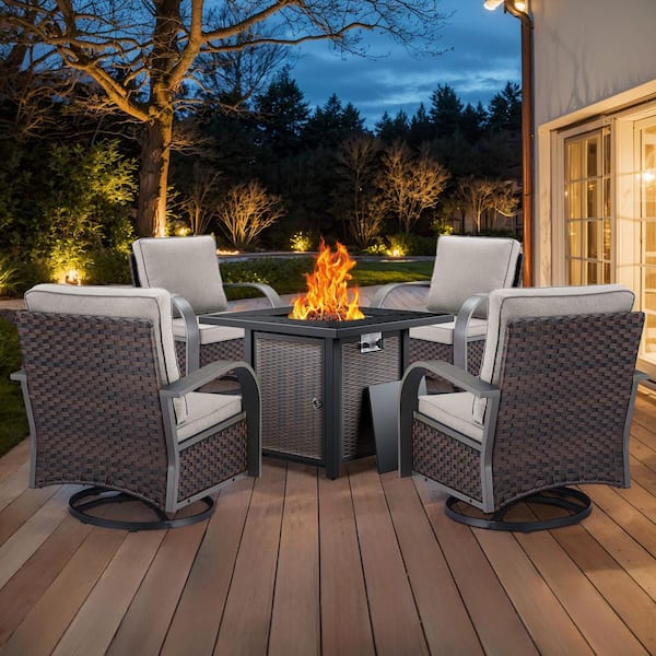 Carlos 5-Piece Wicker Patio Conversation Set with Swivel Chair, Firepit and Beige Cushions