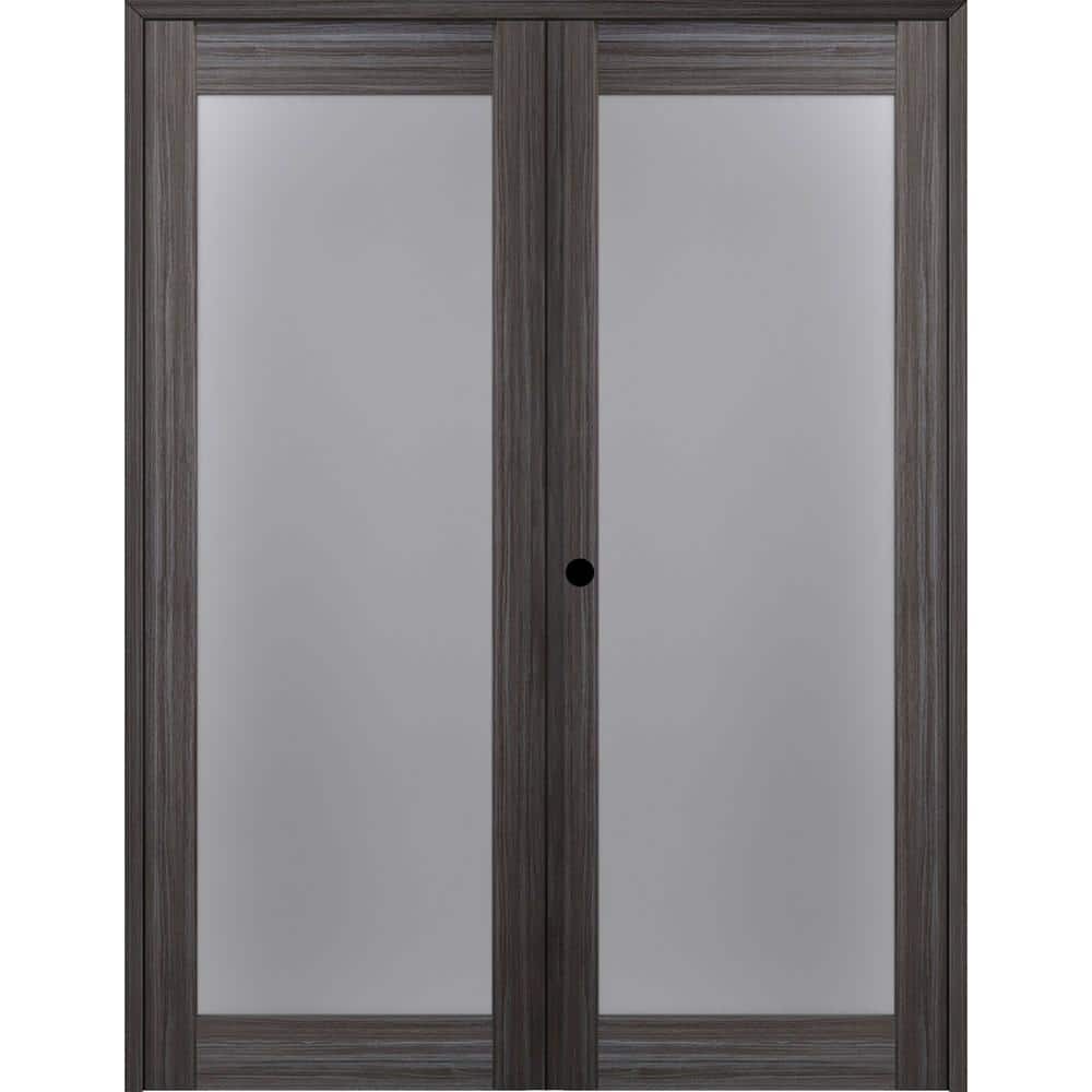 Gray Oak Wood Composite Double Prehung French Door with Frosted Glass