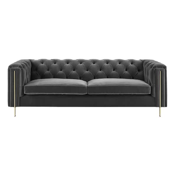 Steve Silver Charlene 84 in. W Rolled Arm Straight Sofa in Gray Velvet with Button Tufted