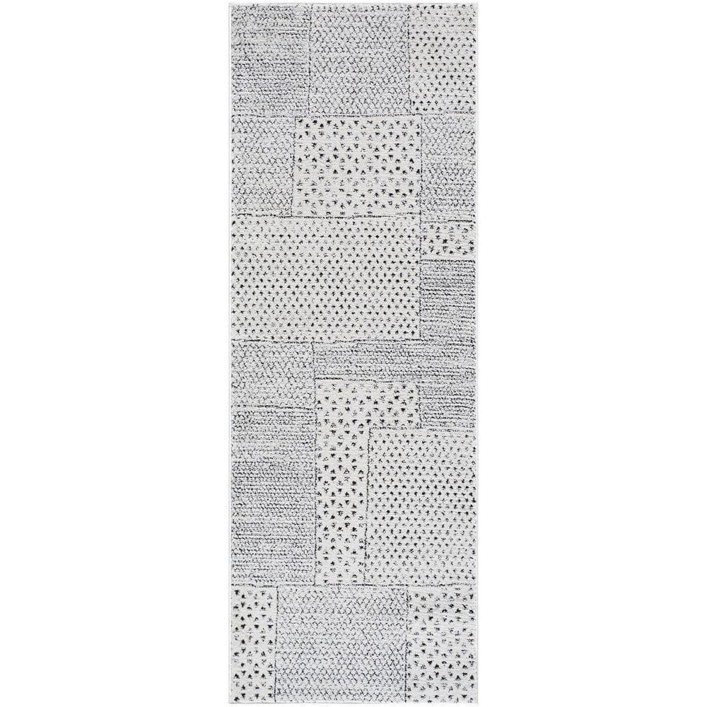 Ivory and Black Geometric Polyester Runner Rug