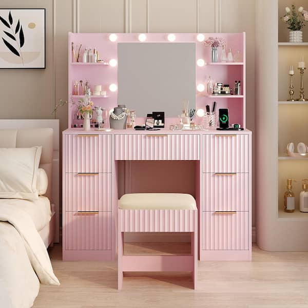 2-Piece Apple Pink Makeup Vanity Set with 10 Three-color Dimmable Bulbs, 7 Drawers and 4-Tier Shelves