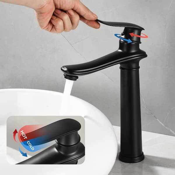 Single Handle Single Hole Bathroom Vessel Sink Faucet, Waterfall Bathroom Sink Faucet with Pop-Up Drain in Matte Black
