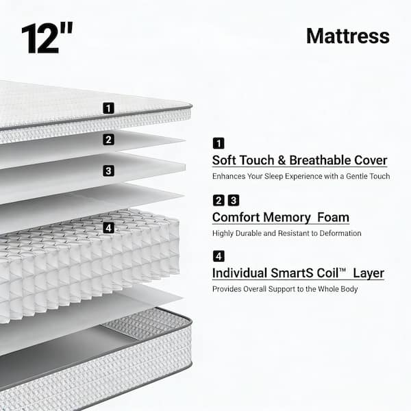 12 in. Medium Gel Foam and Innerspring Mattress, Tight Top Twin Size Mattresses