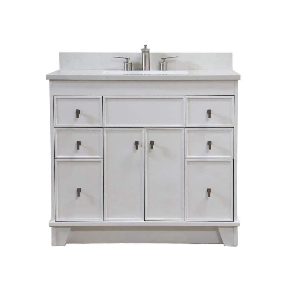 White Solid Wood Freestanding Single Sink Vanity with Quartz Top