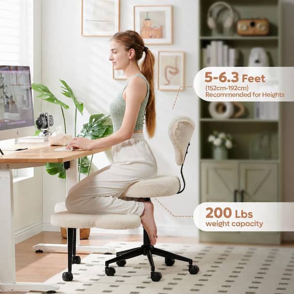 Off-White Fabric Cross-Legged Task Chair with Swivel Footrest, Adjustable Height and 7-Wheels