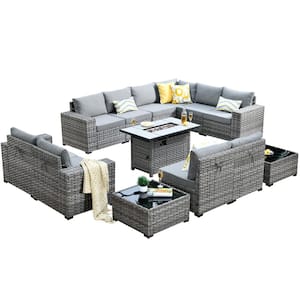 Tahoe Grey 13-Piece Wicker Wide Arm Outdoor Patio Conversation Sofa Set with a Fire Pit and Grey Cushions