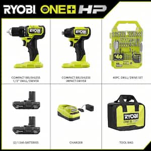 ONE+ HP 18V Brushless Cordless Compact 2-Tool Combo Kit w/Drill, Impact Driver, Batteries, Charger, Bag, & 40PC Bit Set