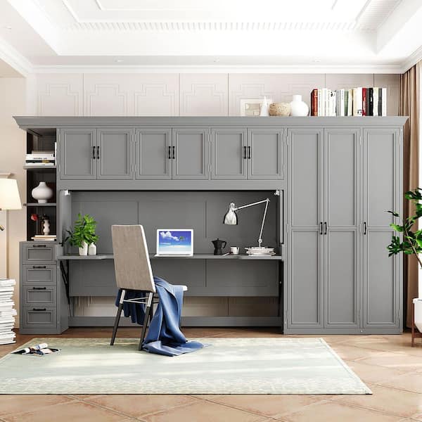 Gray Wood Frame Twin Murphy Bed with Wardrobe, Cabinet and Desk