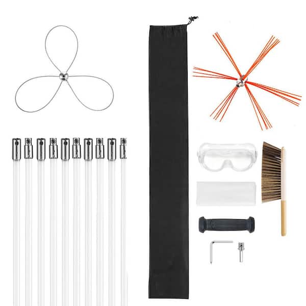 Chimney Sweep Kit, 8-Piece Cleaning Tool, 33 ft. Maximum Length, Cleaner Sweeper with Dual Brush Heads, Brush & Goggles