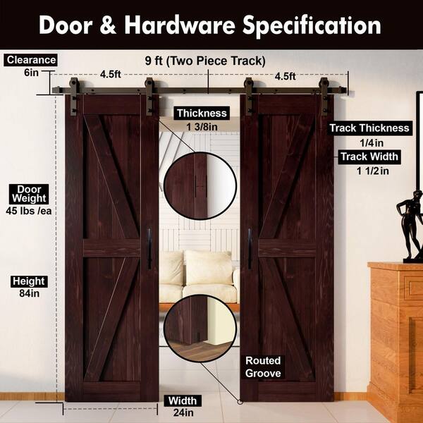 24 in. x 84 in. K-Frame Red Mahogany Double Pine Wood Interior Sliding Barn  Door with Hardware Kit Non-Bypass