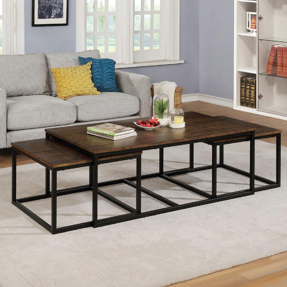 Arcadia Antiqued Mocha 54" Square Wood & Metal Nesting Coffee Table
