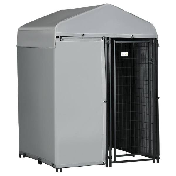 PawHut D02-155V00GY 4 ft. x 4 ft. Dog Kennel Outdoor with Outside Enclosure Cloth, Dog Run for Small & Medium Dogs, Chickens, Ducks - 1