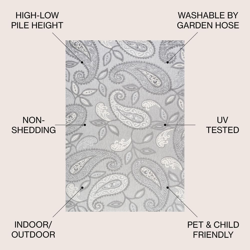 Paisley Light Gray & Ivory Boho Indoor/Outdoor Rug - 3x5 Feet
